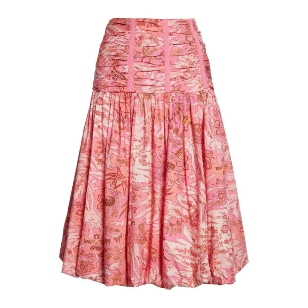 NEW Ulla Johnson Pink Roselani Ruched Bubble Midi Skirt Camellia Floral Size 4